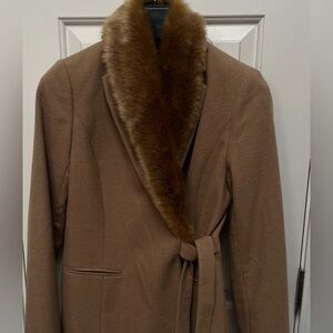 Elegant Brown Women's Coat with Removable Faux Fur Collar